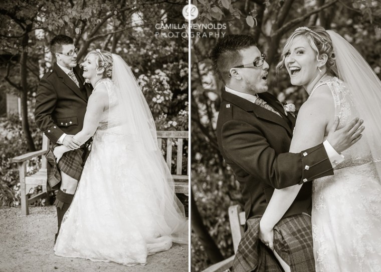 fun wedding photography Cotswolds kilt groom
