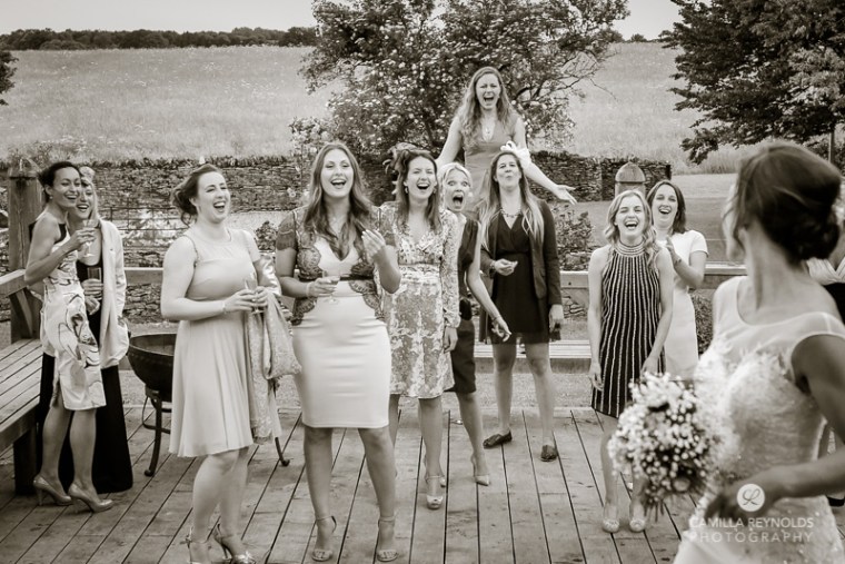 bouquet toss Cripps Barn Cotswolds