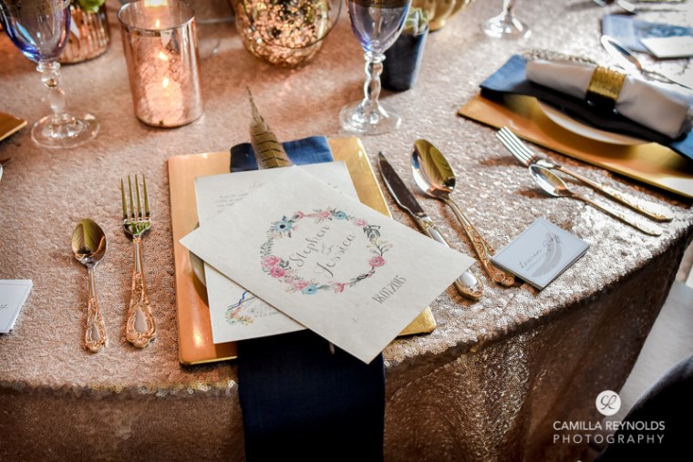 elmore court wedding photographers table setting navy gold