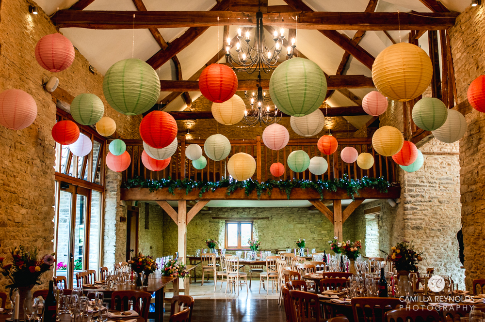 Kingscote barn lantern decorations wedding venue cotwolds uk