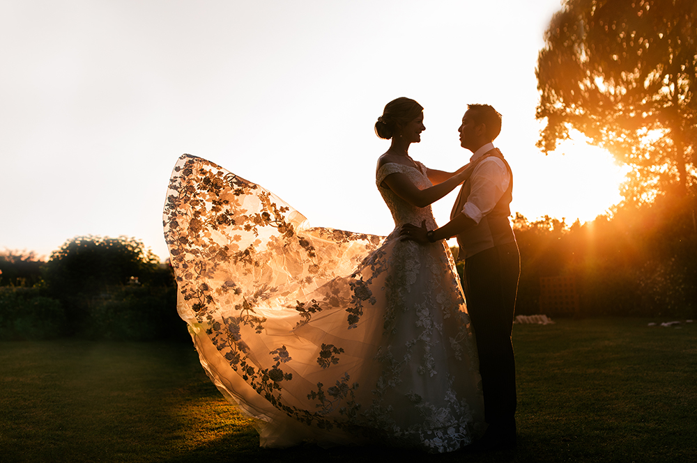 bride backlit dress sunset artistic wedding photography cotswolds