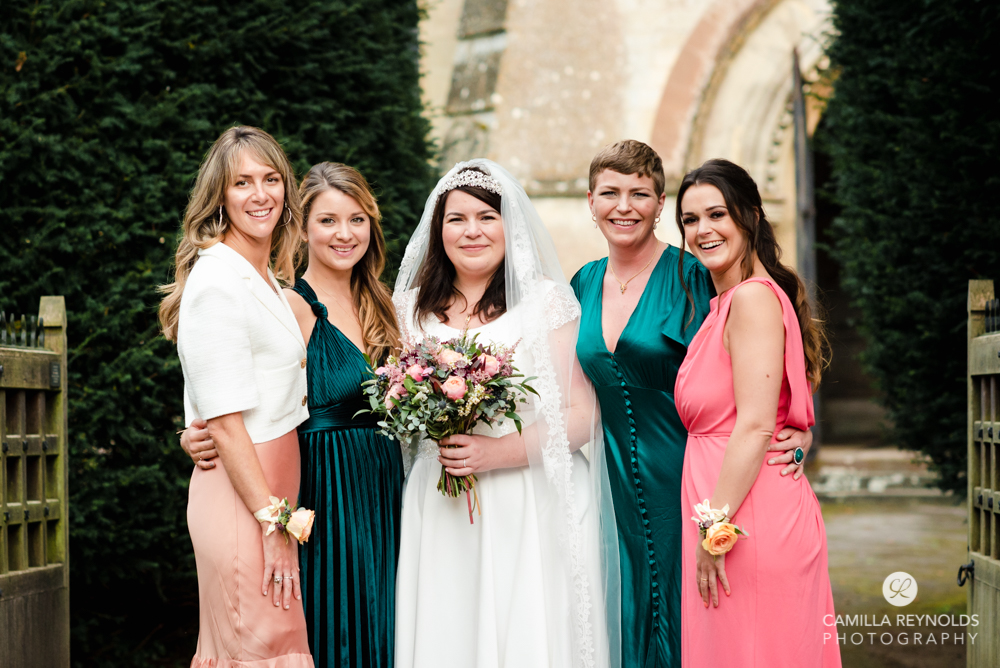 bride and bridesmaids colourful dresses cotswold wedding
