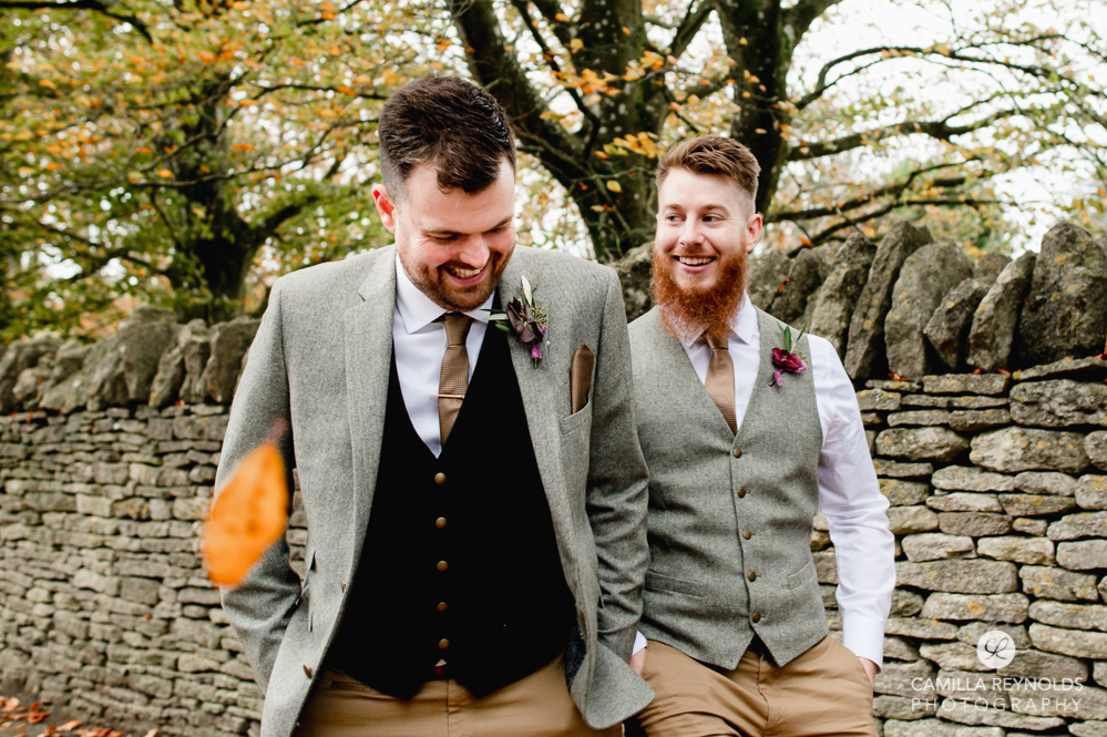 groom autumn wedding cotswold stone wall