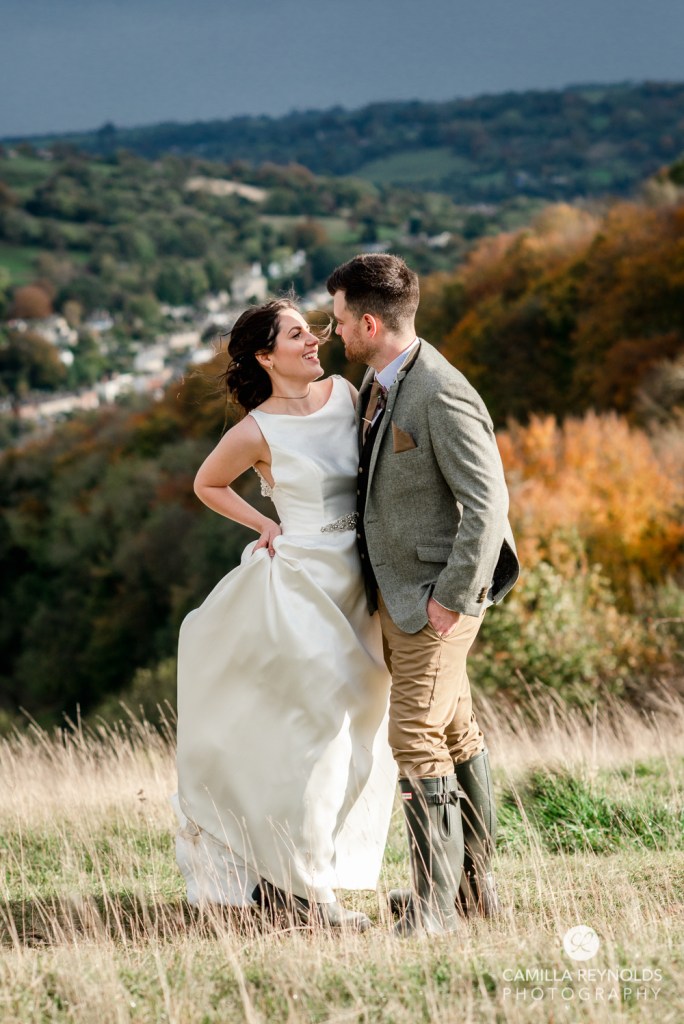 bride and groom hunter wellington boots cotswold wedding countryside