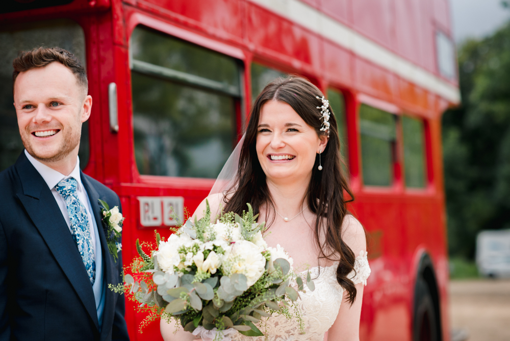 red bus bright vibrant wedding photography