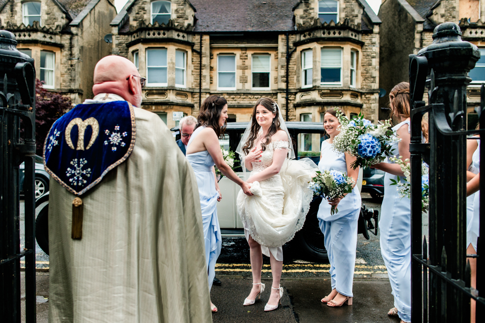 bride arriving church cripps barn cirencester wedding