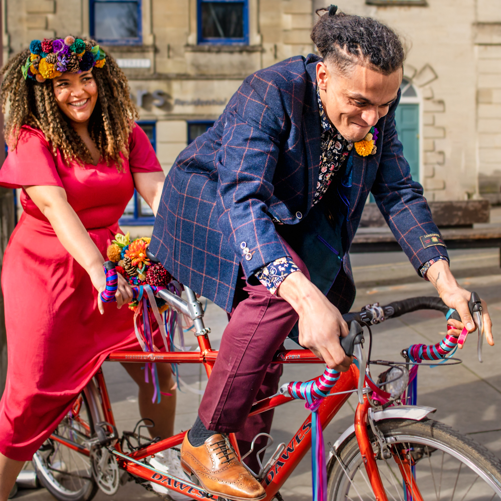 cycling bride and groom eco friendly wedding cotswolds