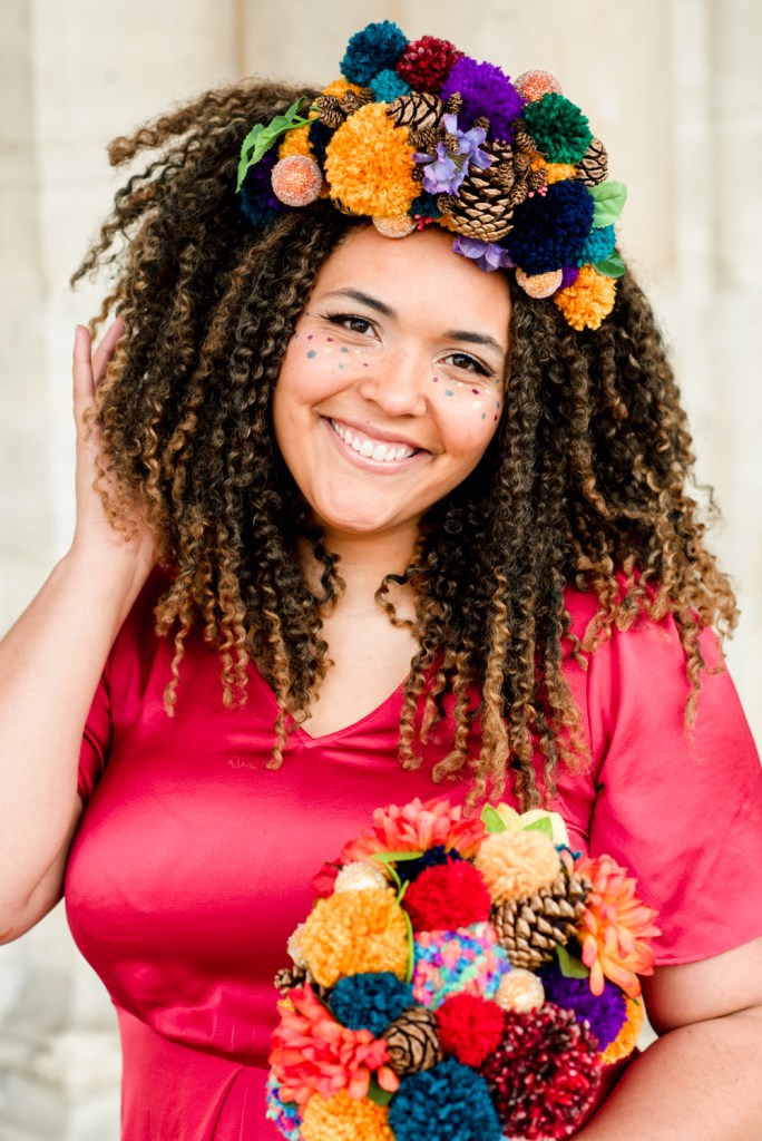 colourful festival bride pom pom wedding cotswolds