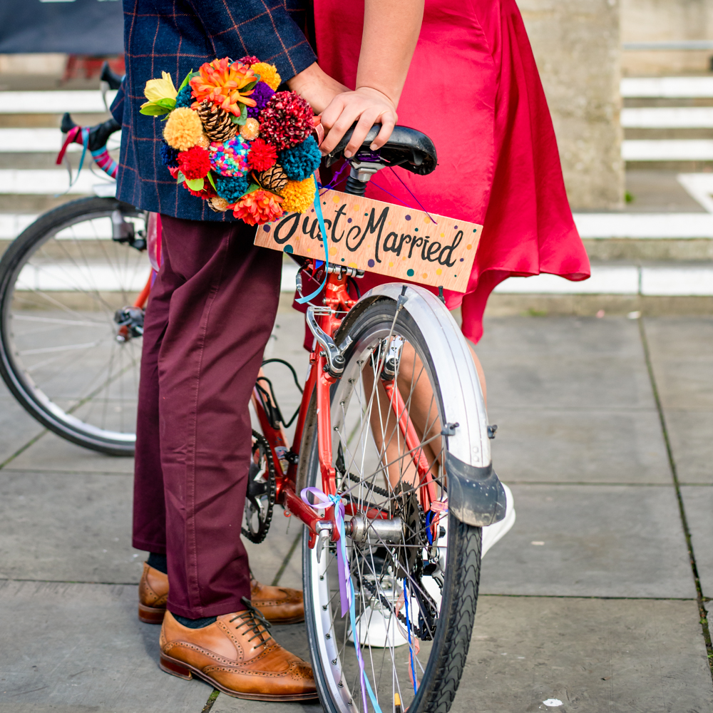 tandem bicycle just married sign wedding