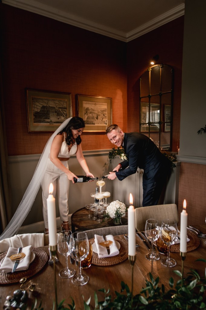 champagne tower wedding bride trouser suit 