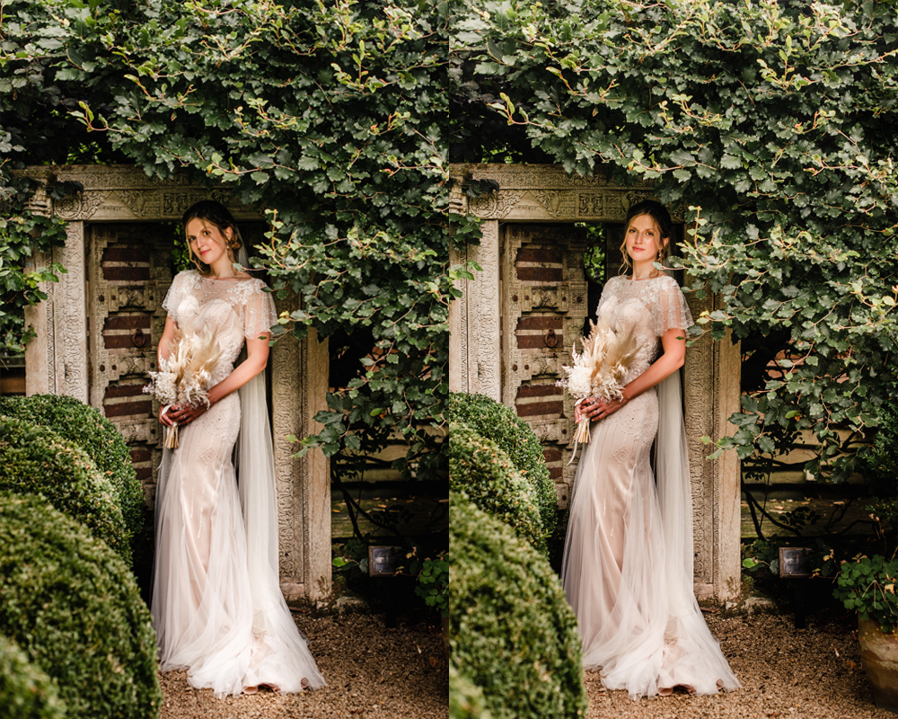 bride by wooden door rustic wedding