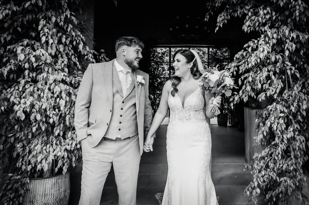 black and white photo bride and groom