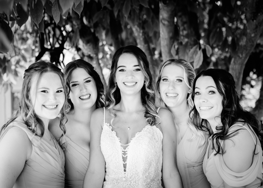 bride and bridesmaids black and white portraits