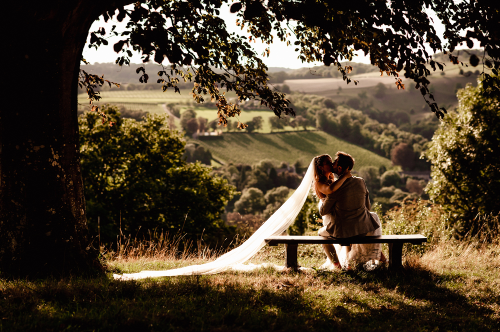 bride and groom kissing under a tree dramatic view