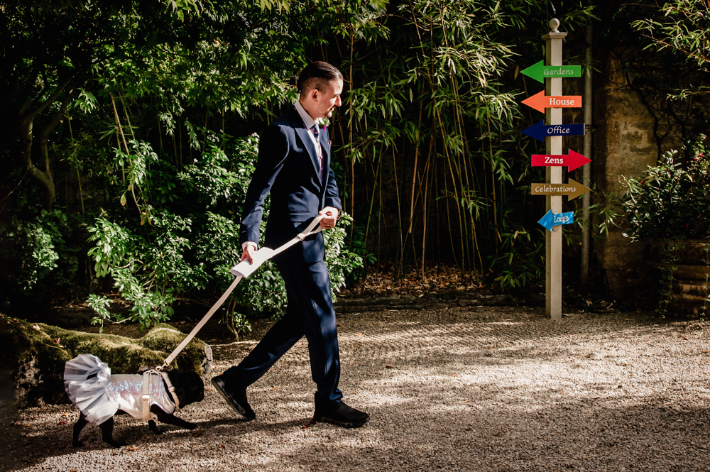 groom and dog in tutu dress