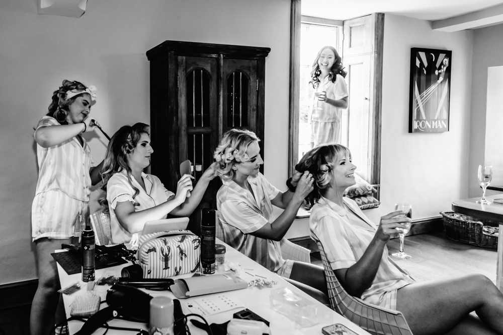 bride getting hair done