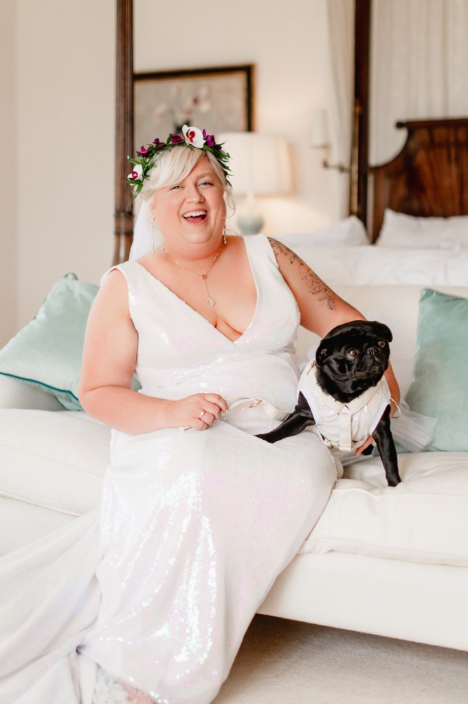bride and dog in matching dresses