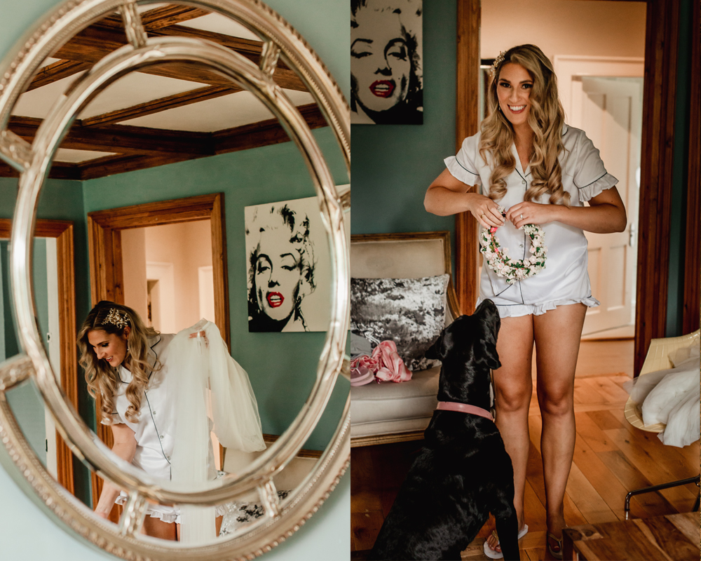 bride and dog getting ready
