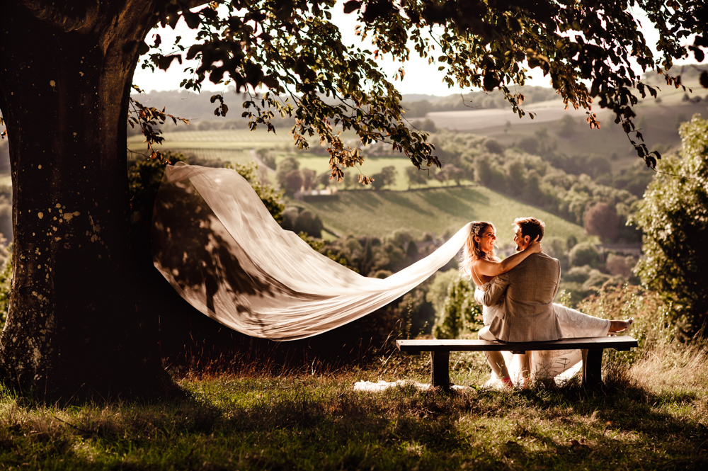 bride and groom under a tree dramatic view