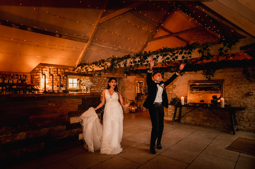 bride and groom dancing old gore barn