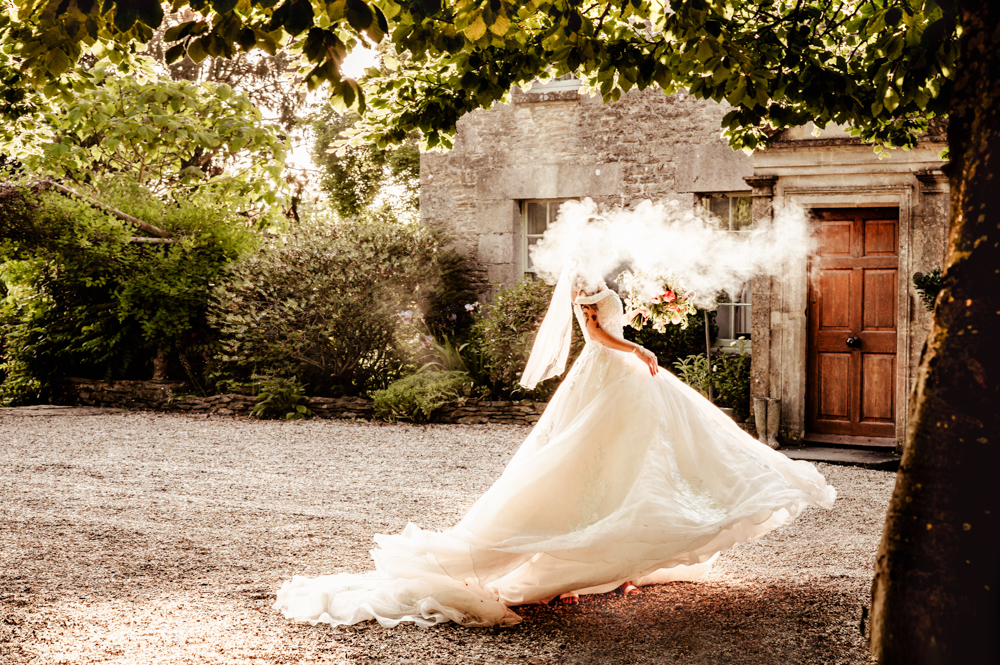 bride in cloud of smoke