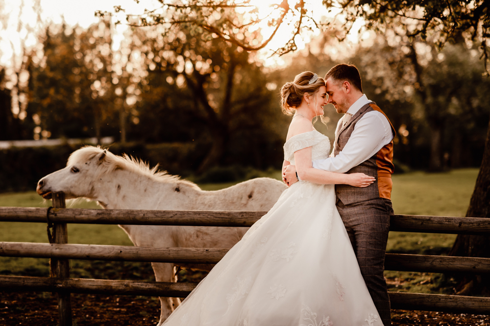 bride and groom with donkey dreamy wedding photo