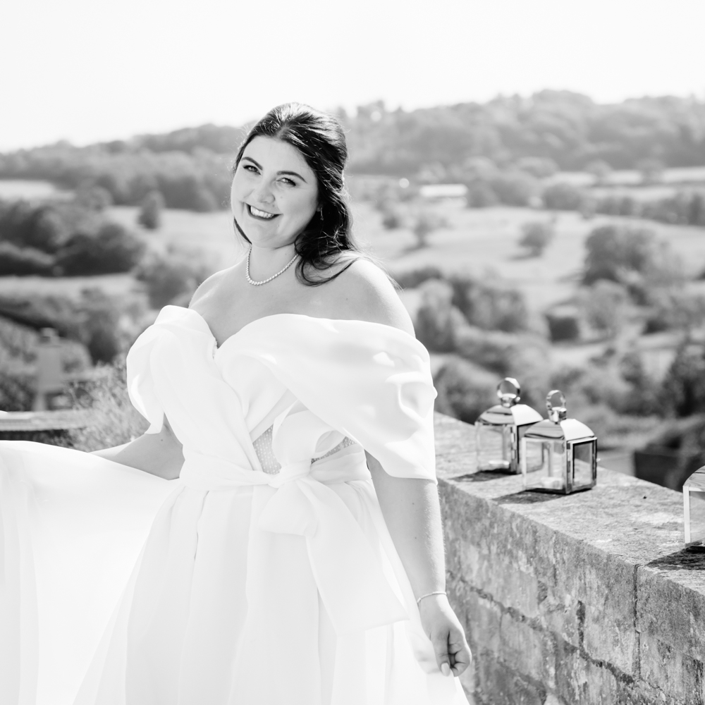 bride on balcony painswick hotel cotswolds