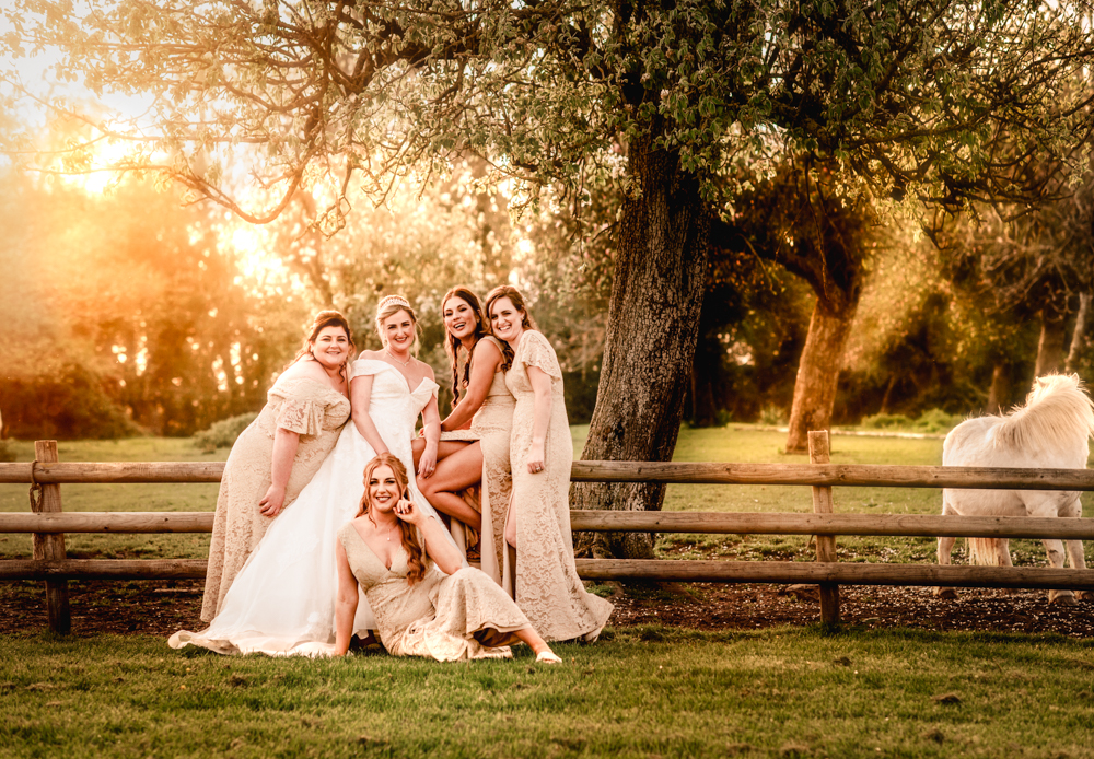 bride and bridesmaids with donkey dreamy wedding photo