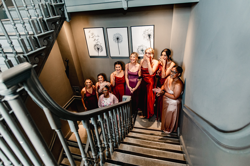 colourful bridesmaids first look