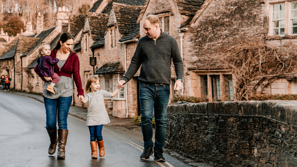 family walking castle combe wiltshire cotswolds