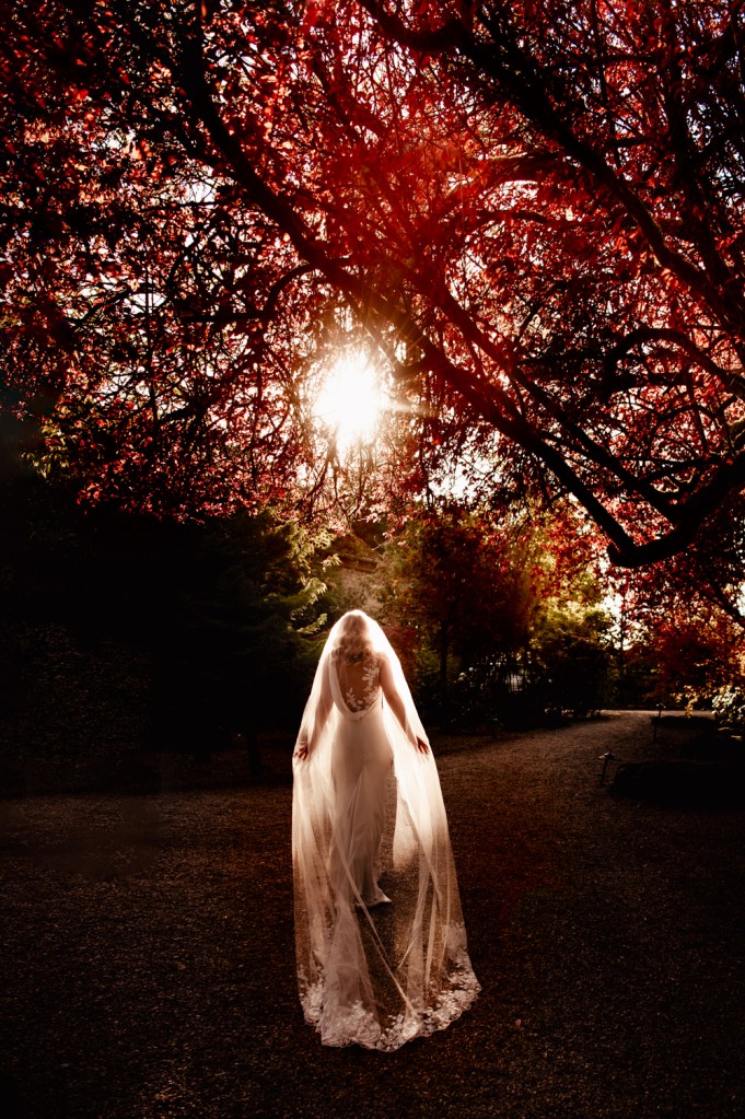 bride walking into sunset