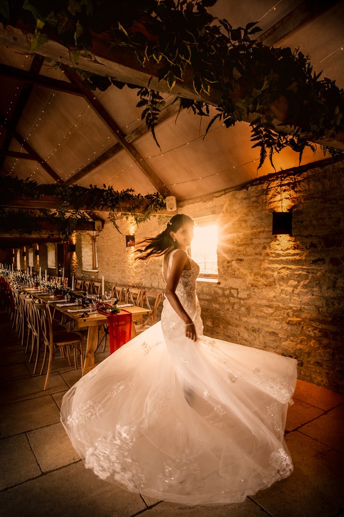 bride in sunlight dancing dramatic twilrling