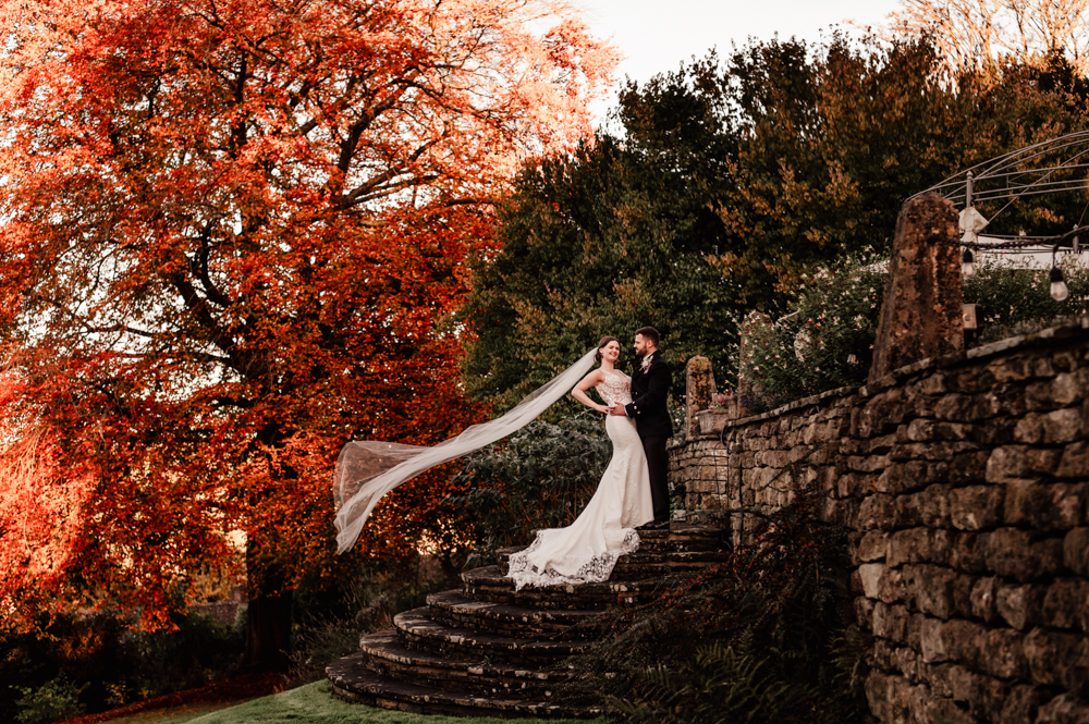 dramatic colourful autumn wedding veil flying