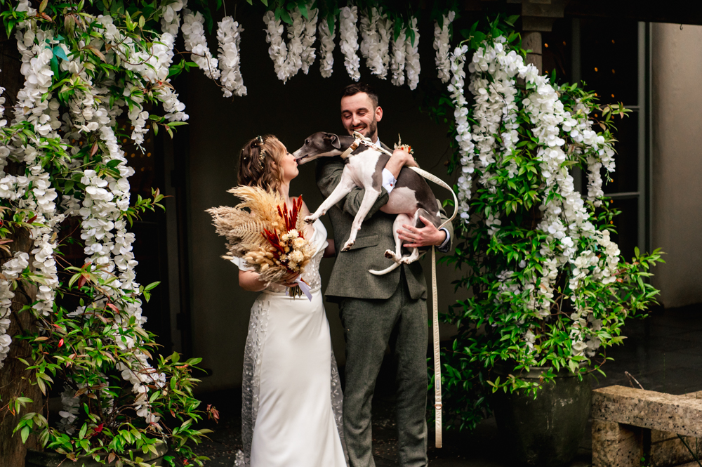 dog kissing bride wedding