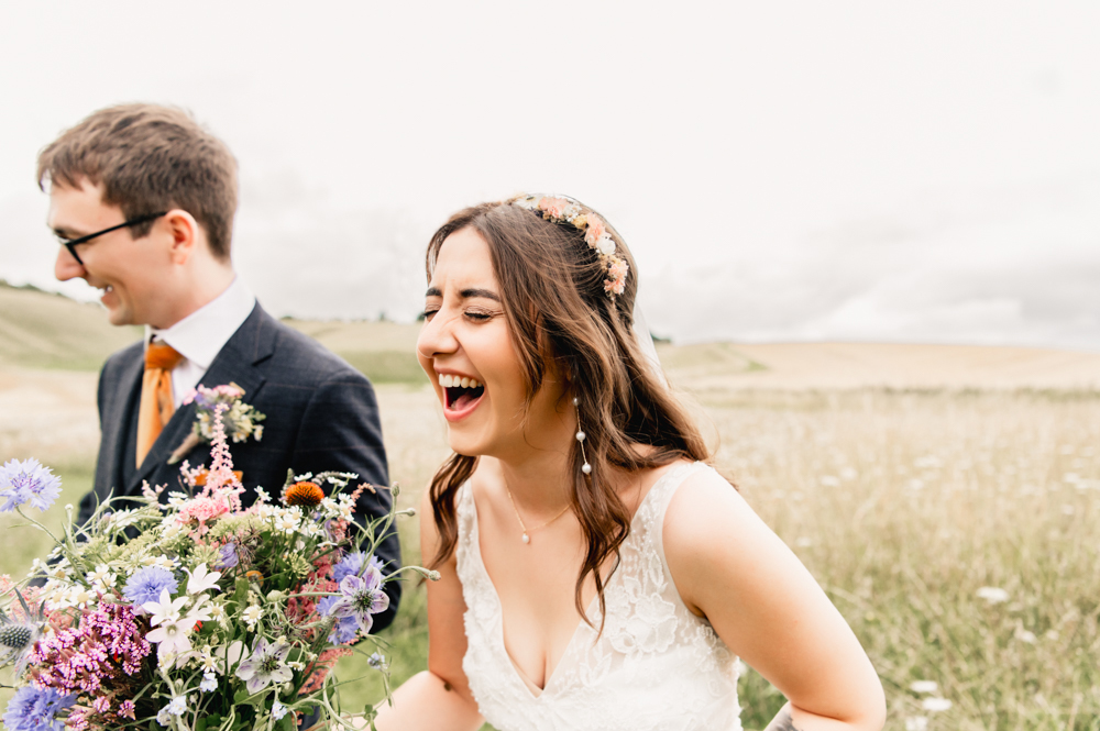 meadow wedding bride happy