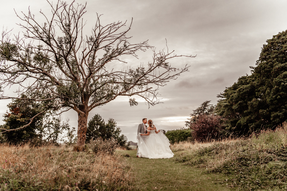 golden hour tree bride and groom