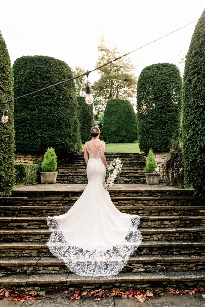 bride with long train steps 