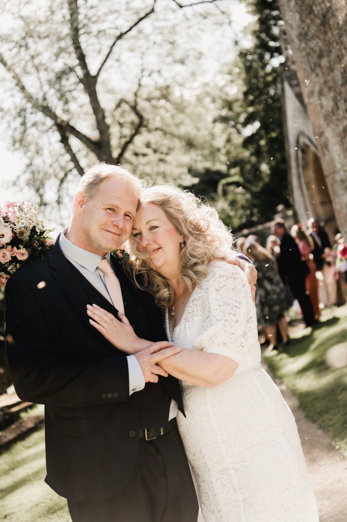romantic warm portrait of bride and groom