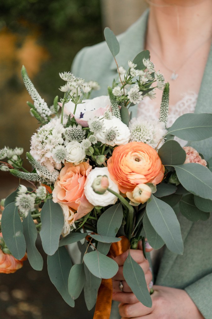 bridal flowers sage green peach orange