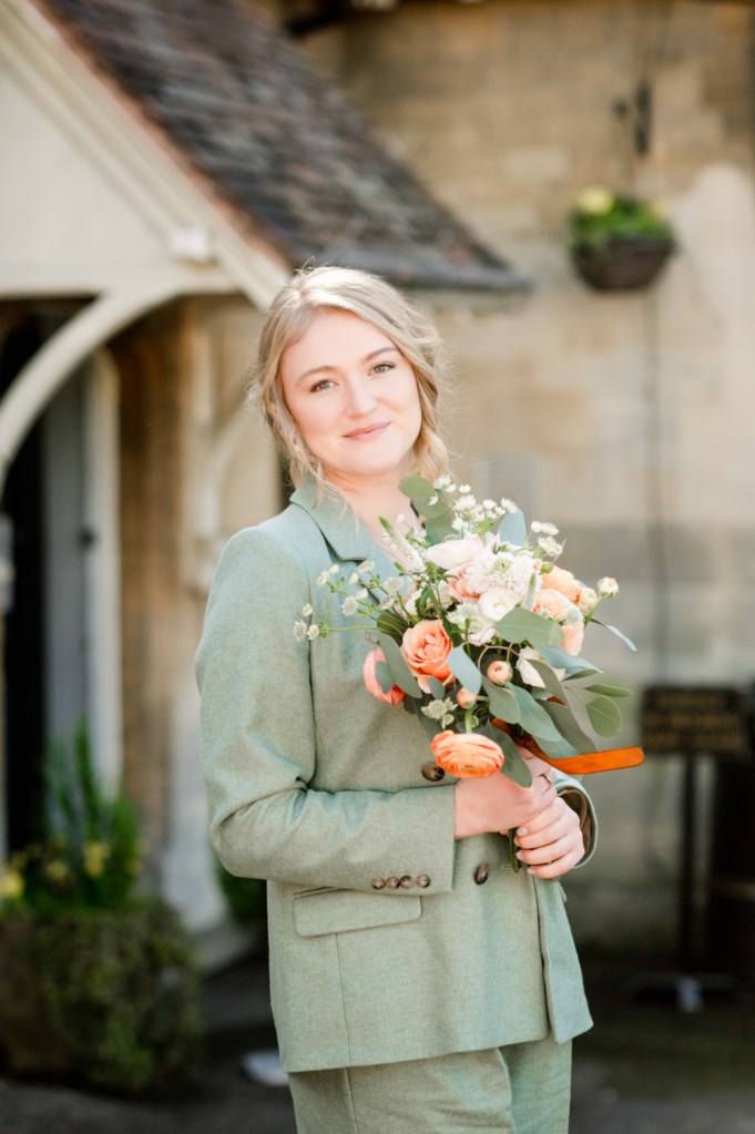bride in green trouser suit wedding stroud registry office
