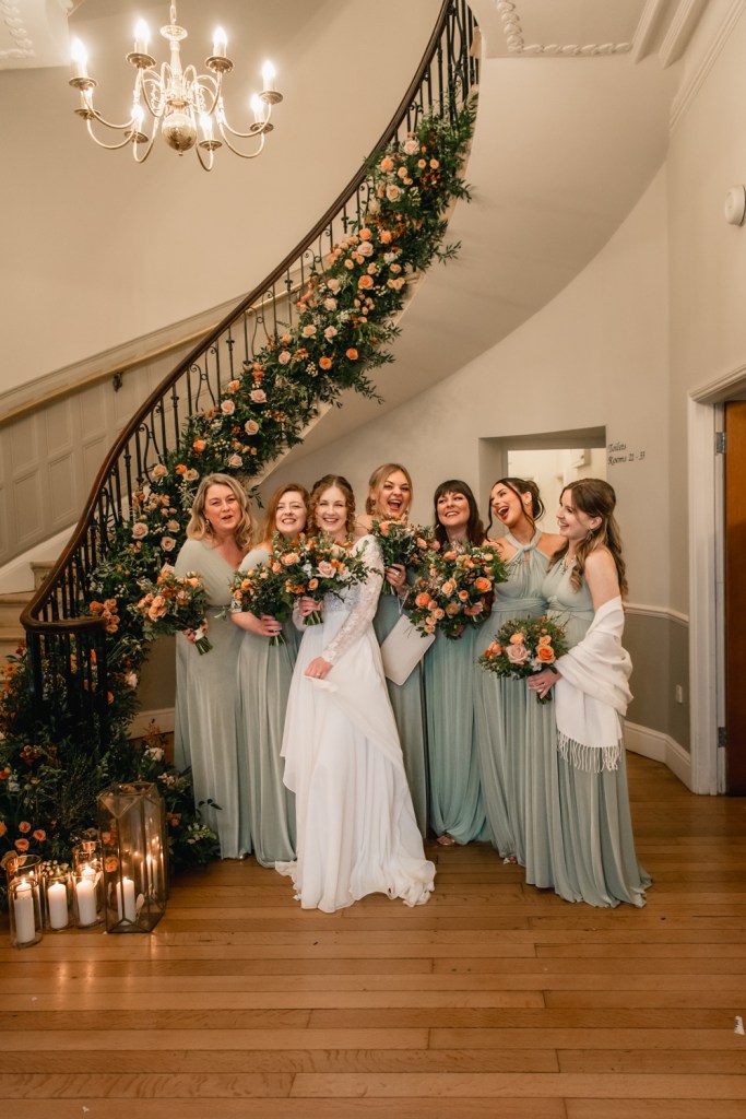 warm cosy winter wedding staircase