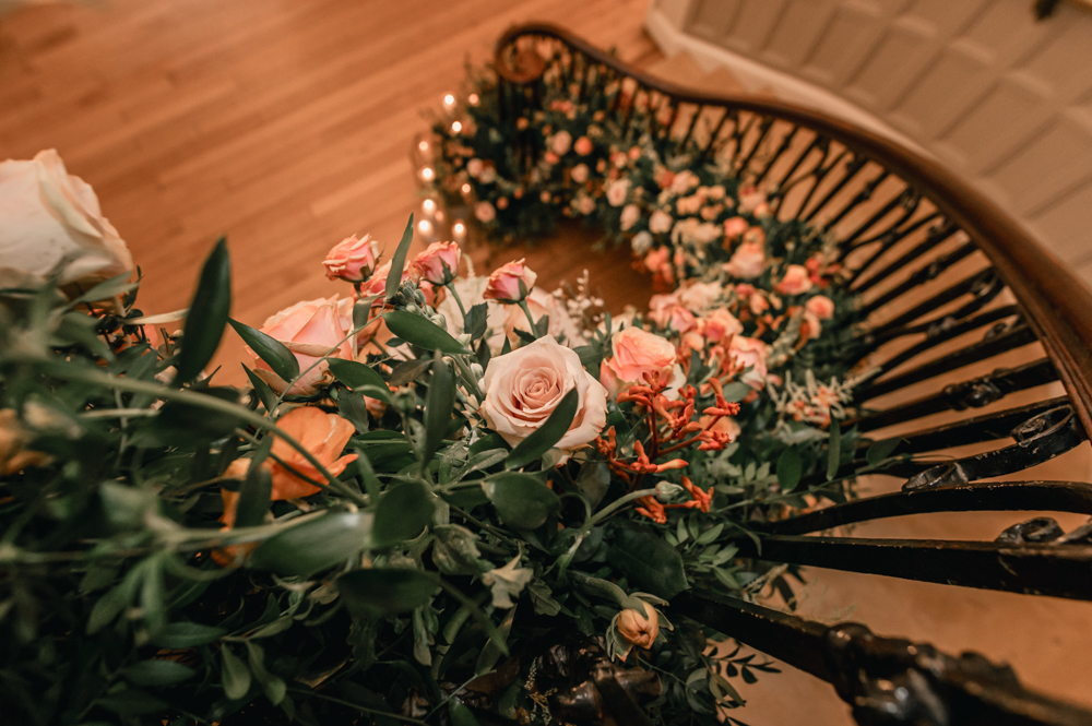 flowers staircase eastington park wedding