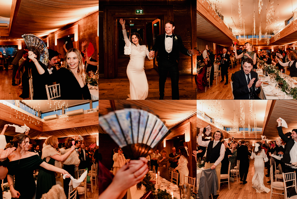 napkin waving wedding entrance with fans