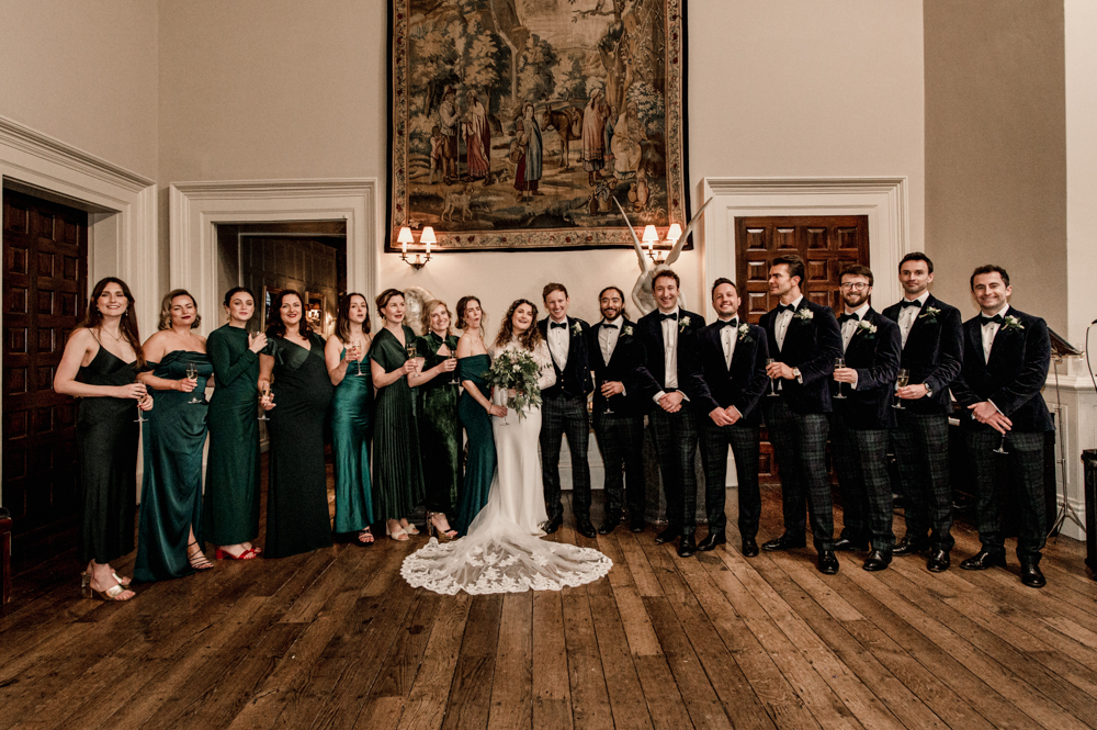 bride and groom  with bridesmaids and groomsmen Elmore court wedding