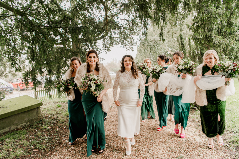 bride and bridesmaids Elmore court winter wedding