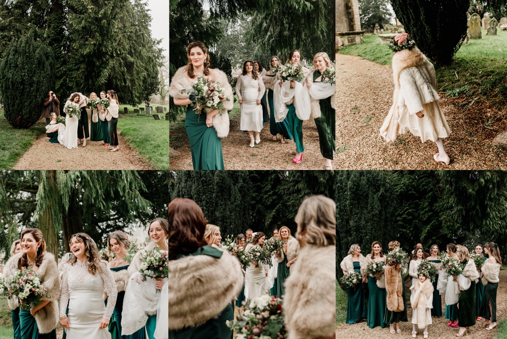 bride and bridesmaids arriving at church Elmore court winter wedding