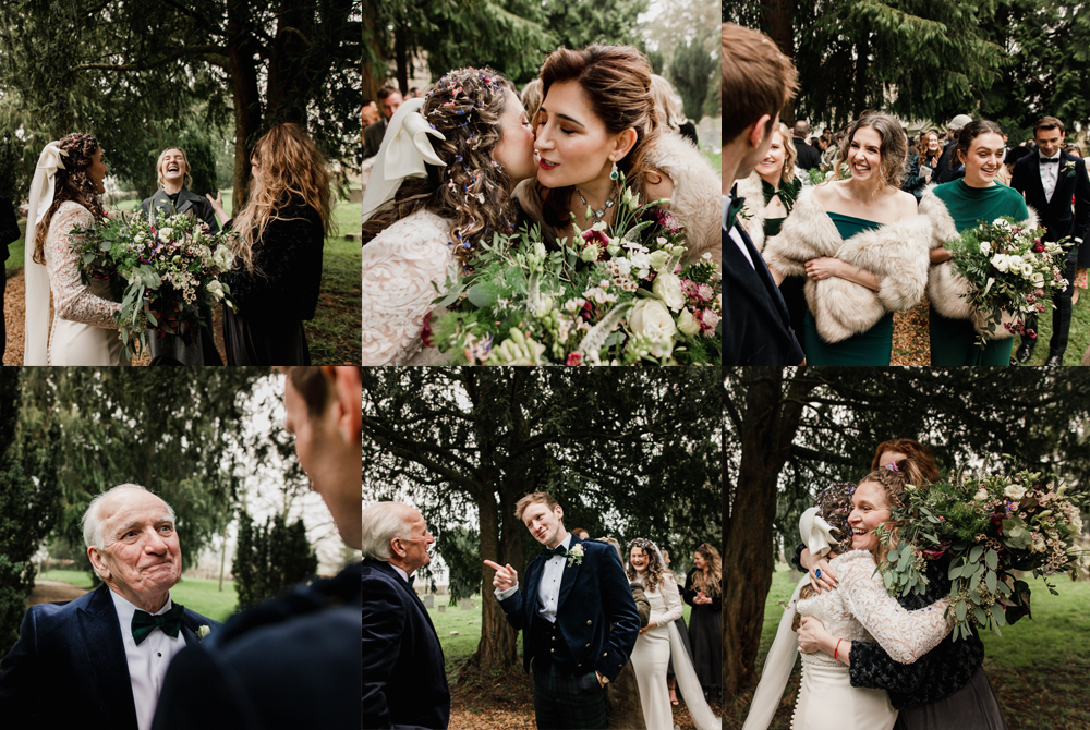 bride and groom hugging guests elmore court wedding