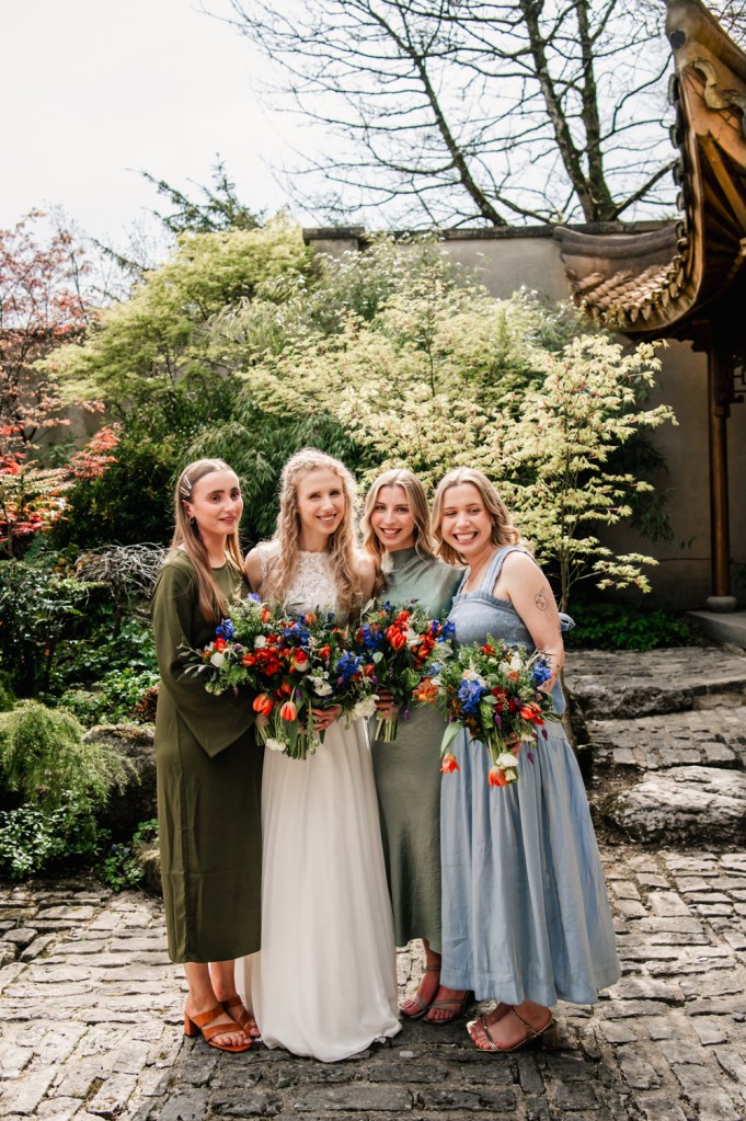bride and bridesmaids colourful wedding
