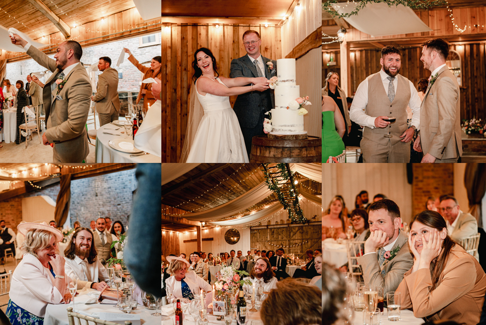 collage of relaxed  wedding breakfast photos at  milton end barn cotswolds