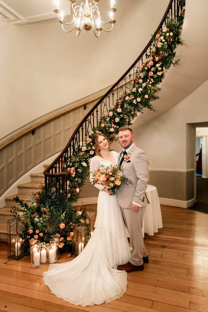 romantic wedding bride and groom winding staircase